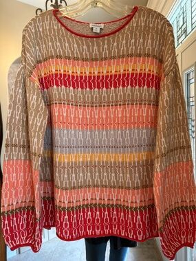 Sundance Coral, Red and Tan Striped Linen/Cotton Knit Sweater